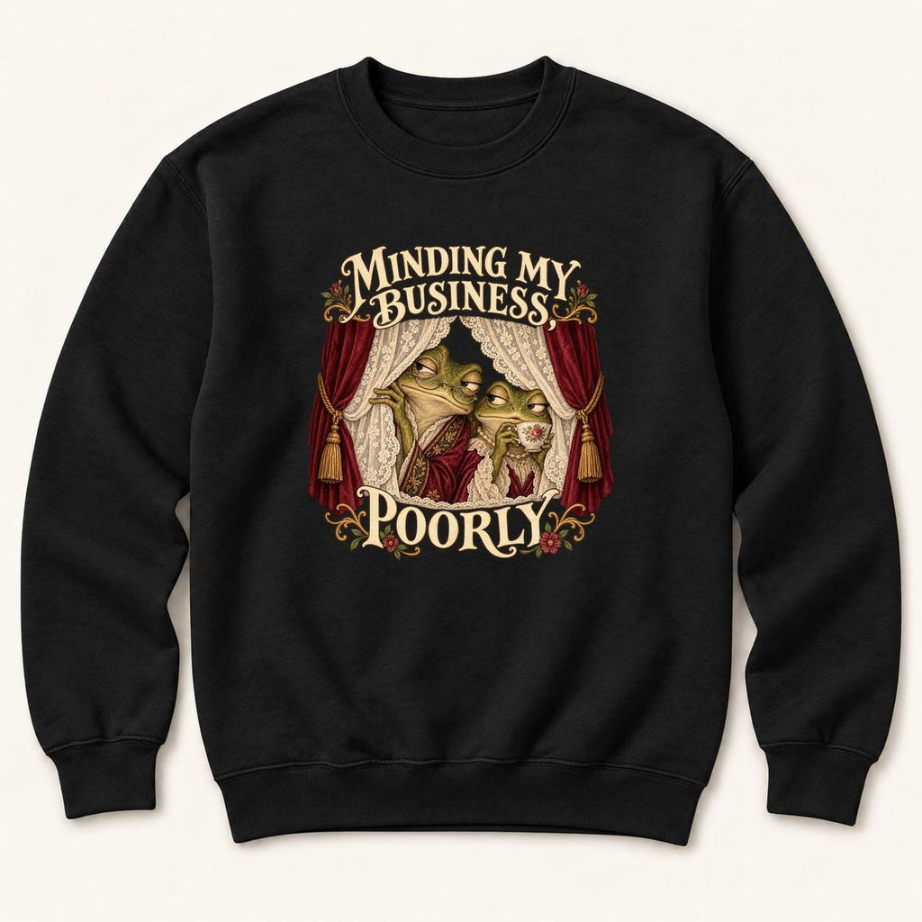 Minding My Business Poorly Storybook Frogs — garment mockup or size chart