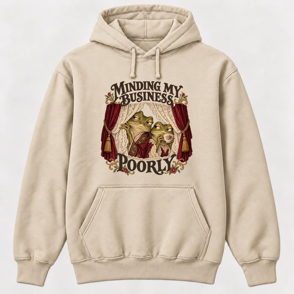 Minding My Business Poorly Storybook Frogs — garment mockup or size chart