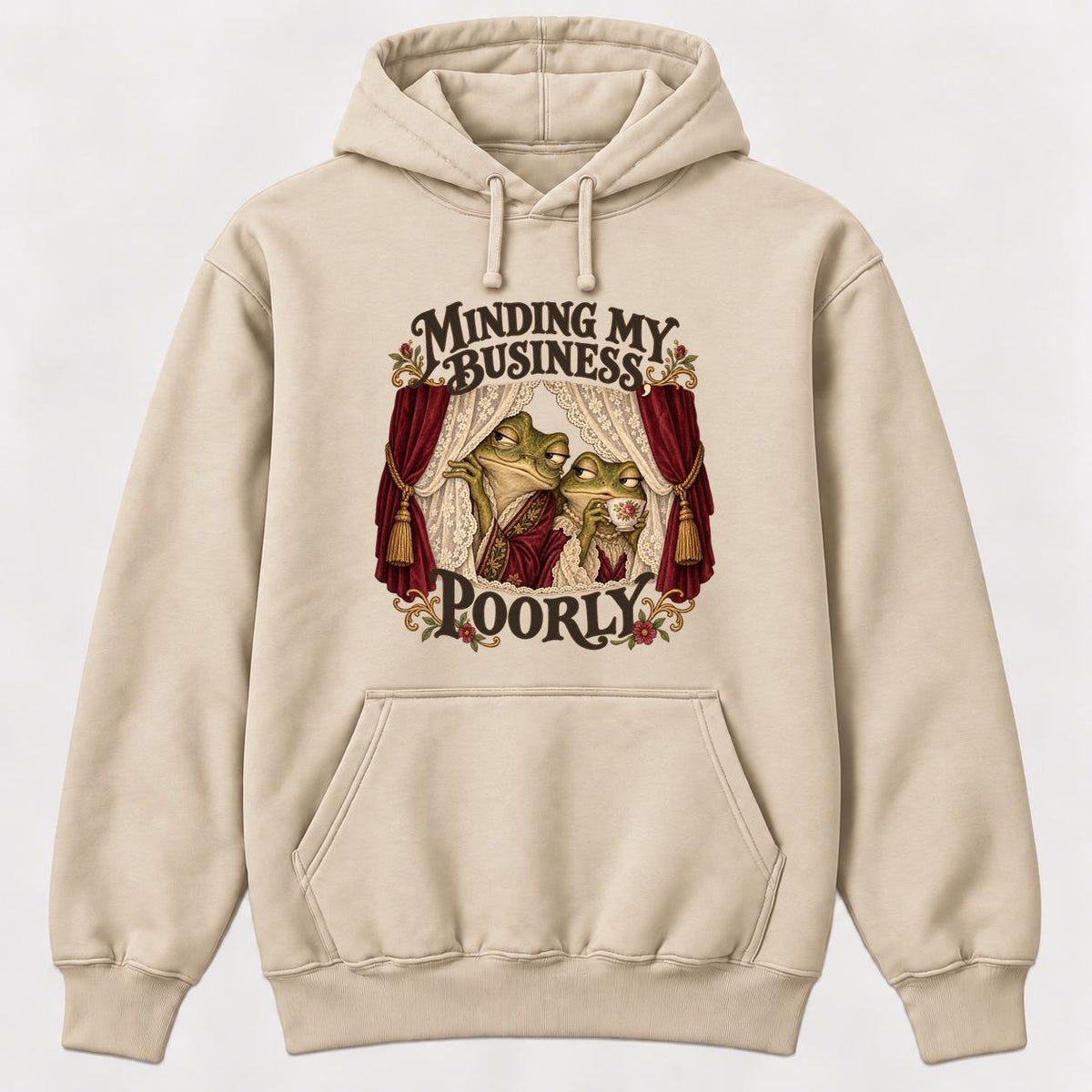 Minding My Business Poorly Storybook Frogs — garment mockup or size chart