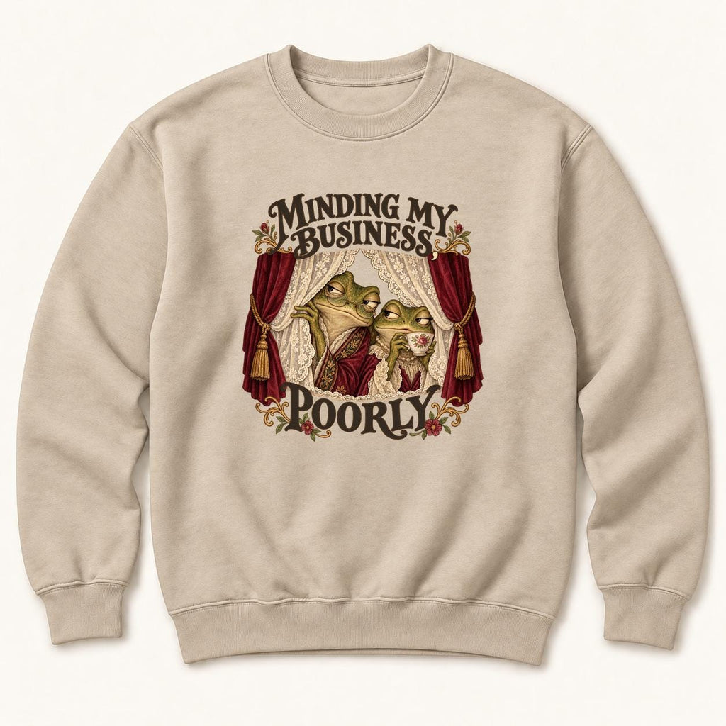 Minding My Business Poorly Storybook Frogs — garment mockup or size chart