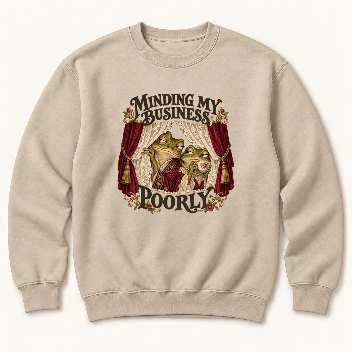 Minding My Business Poorly Storybook Frogs — garment mockup or size chart