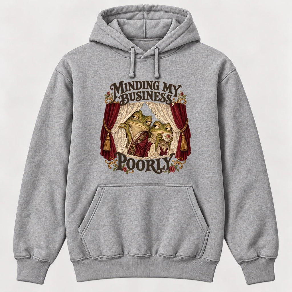 Minding My Business Poorly Storybook Frogs — garment mockup or size chart