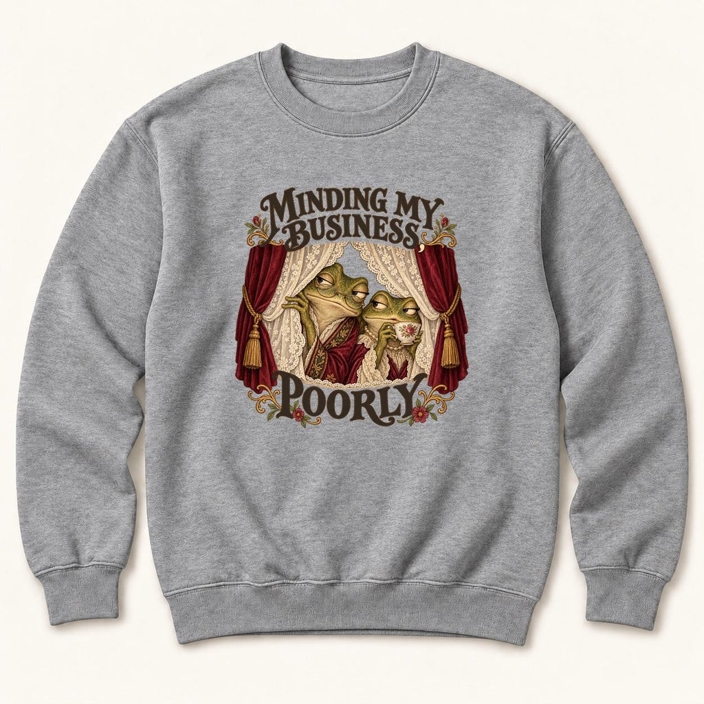 Minding My Business Poorly Storybook Frogs — garment mockup or size chart