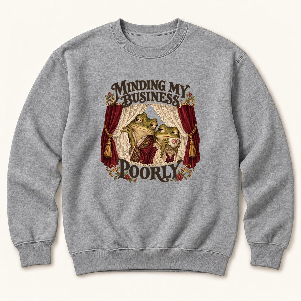 Minding My Business Poorly Storybook Frogs — garment mockup or size chart