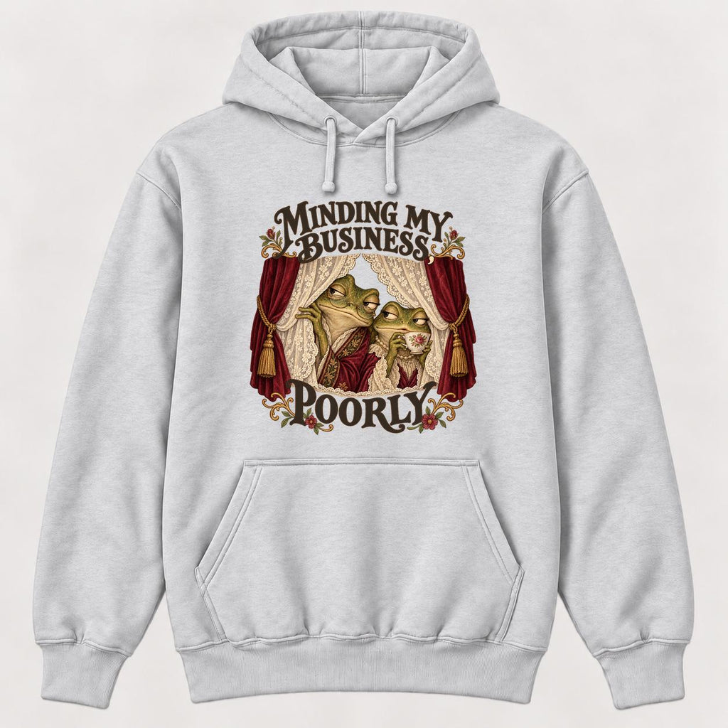 Minding My Business Poorly Storybook Frogs — garment mockup or size chart