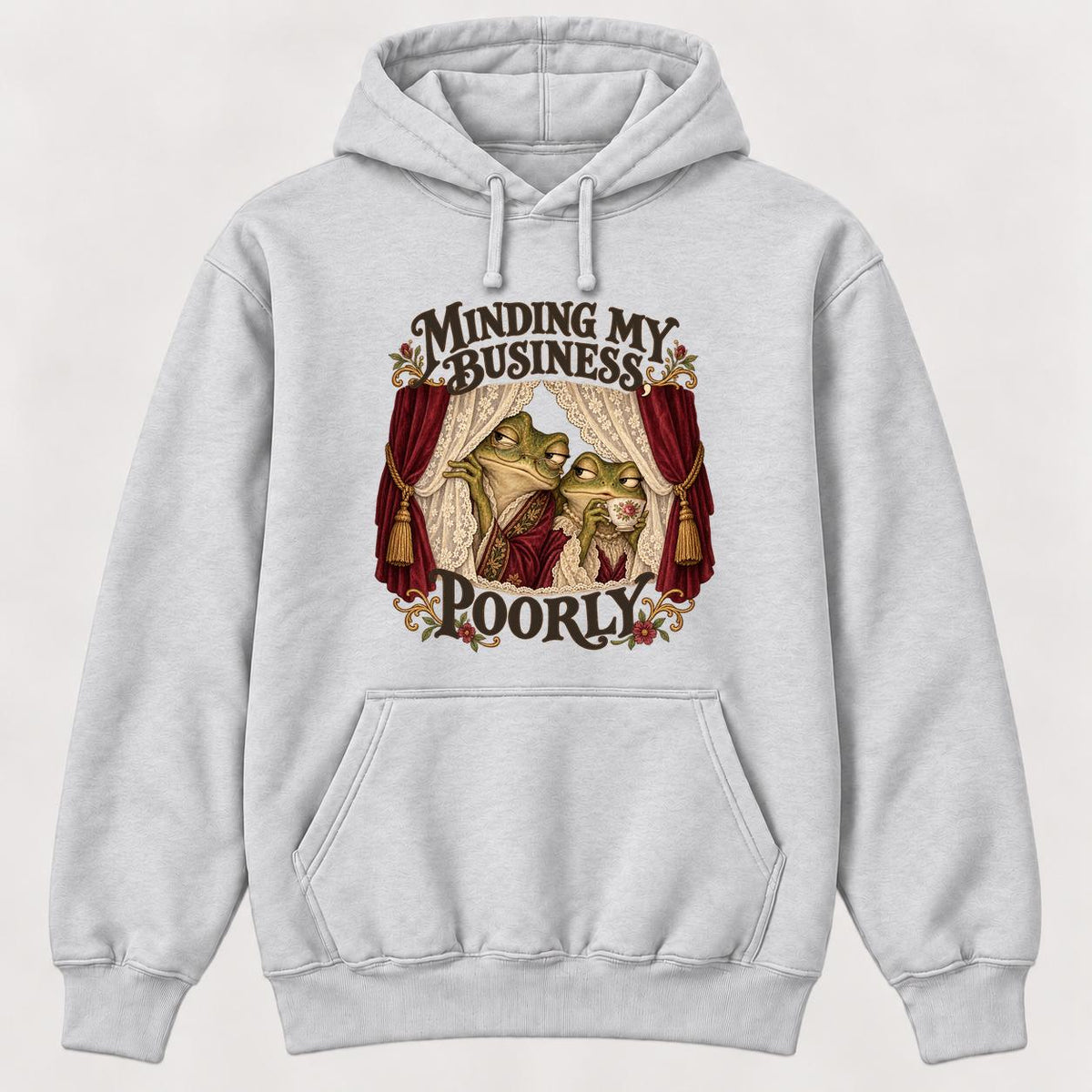 Minding My Business Poorly Storybook Frogs — garment mockup or size chart