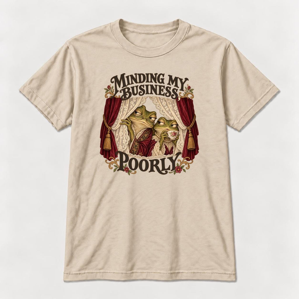 Minding My Business Poorly Storybook Frogs — garment mockup or size chart