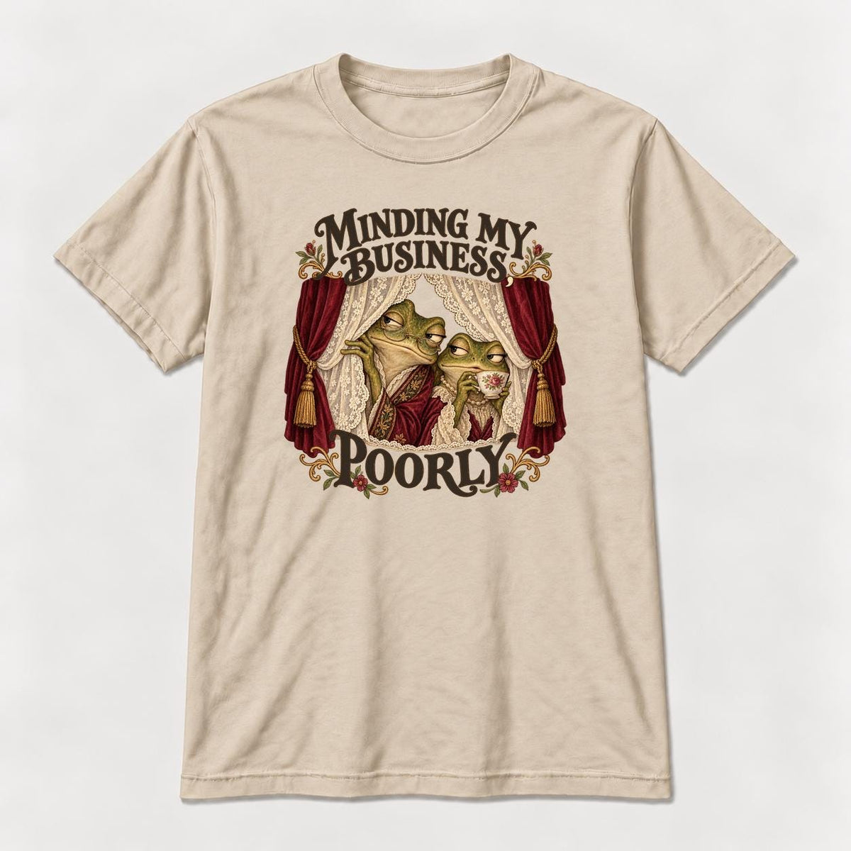 Minding My Business Poorly Storybook Frogs — garment mockup or size chart