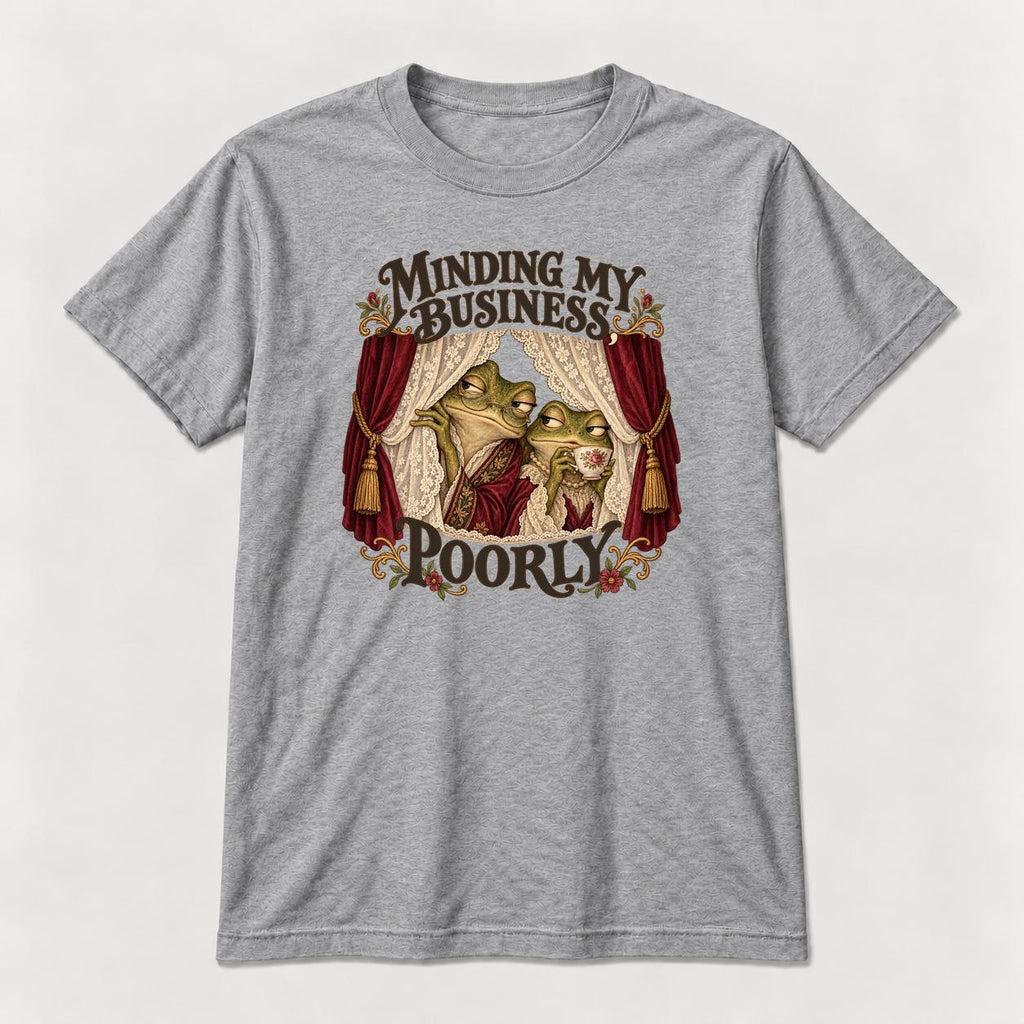 Minding My Business Poorly Storybook Frogs — garment mockup or size chart