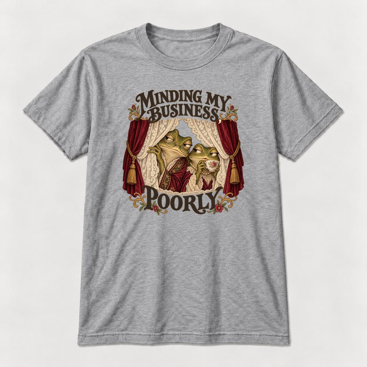 Minding My Business Poorly Storybook Frogs — garment mockup or size chart