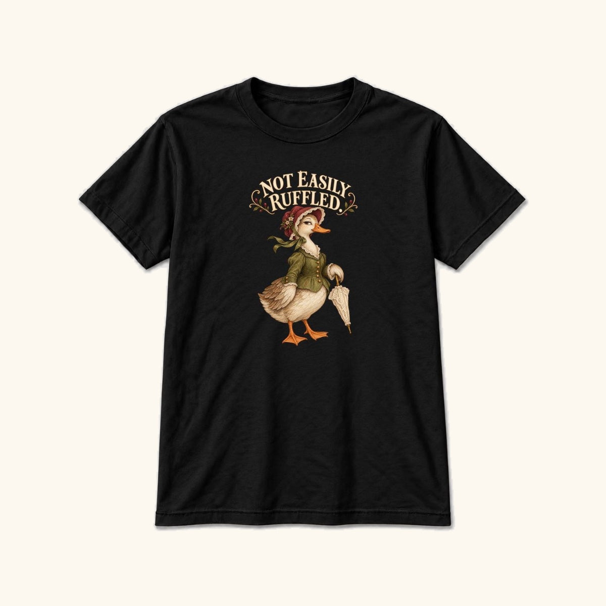 Not Easily Ruffled Storybook Duck — garment mockup or size chart