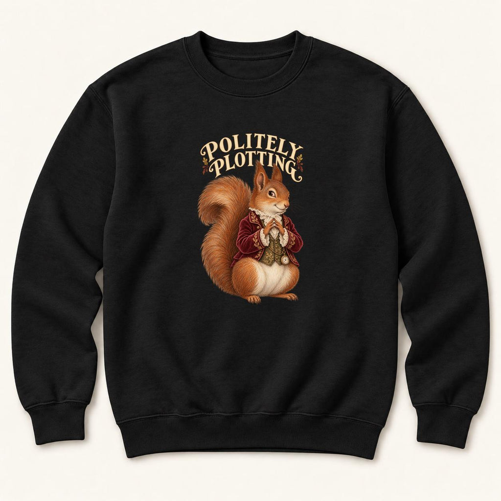 Politely Plotting Storybook Squirrel — garment mockup or size chart