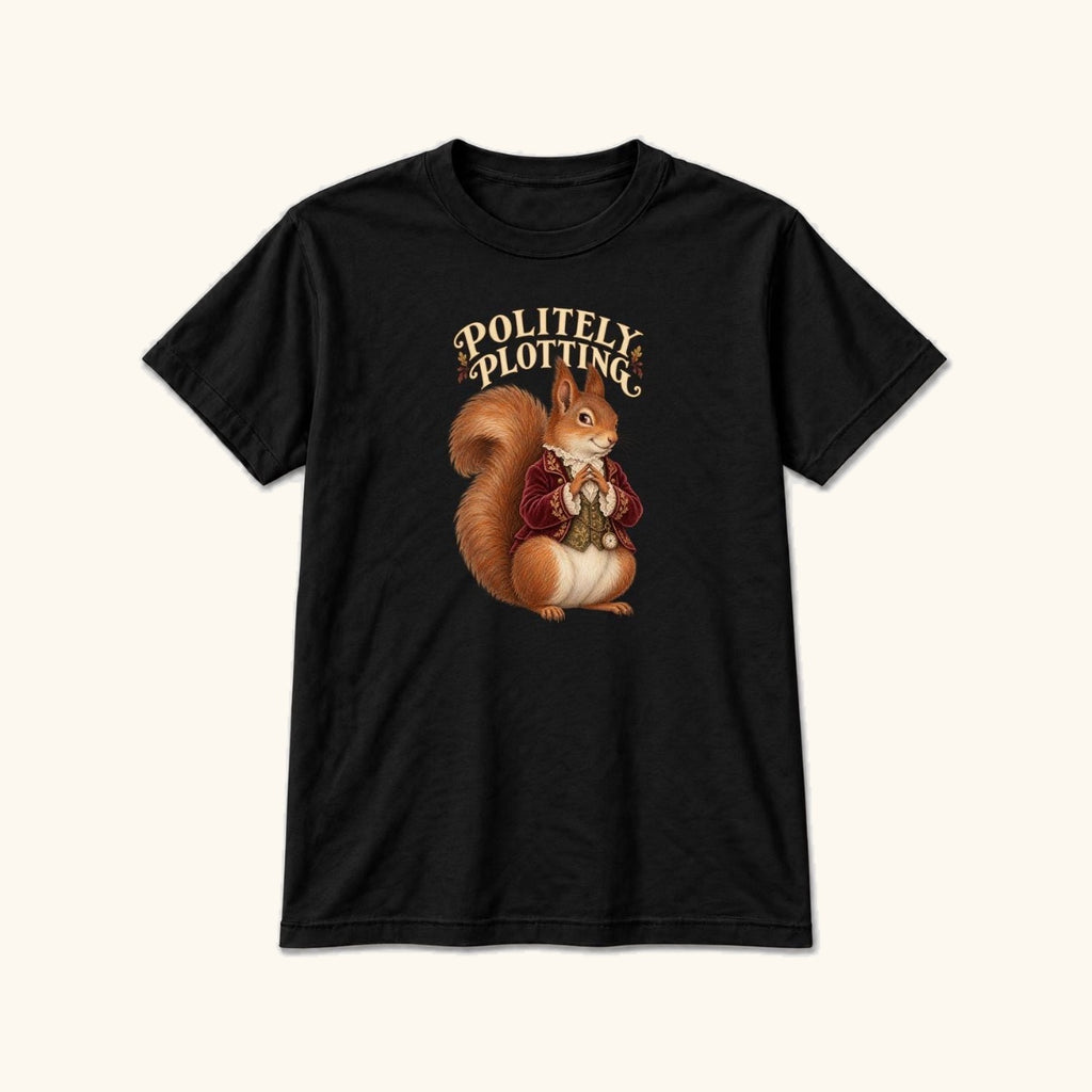 Politely Plotting Storybook Squirrel — garment mockup or size chart