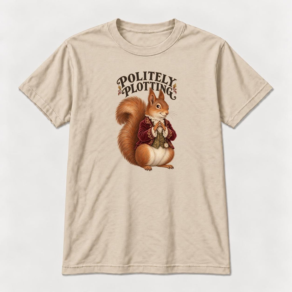 Politely Plotting Storybook Squirrel — garment mockup or size chart
