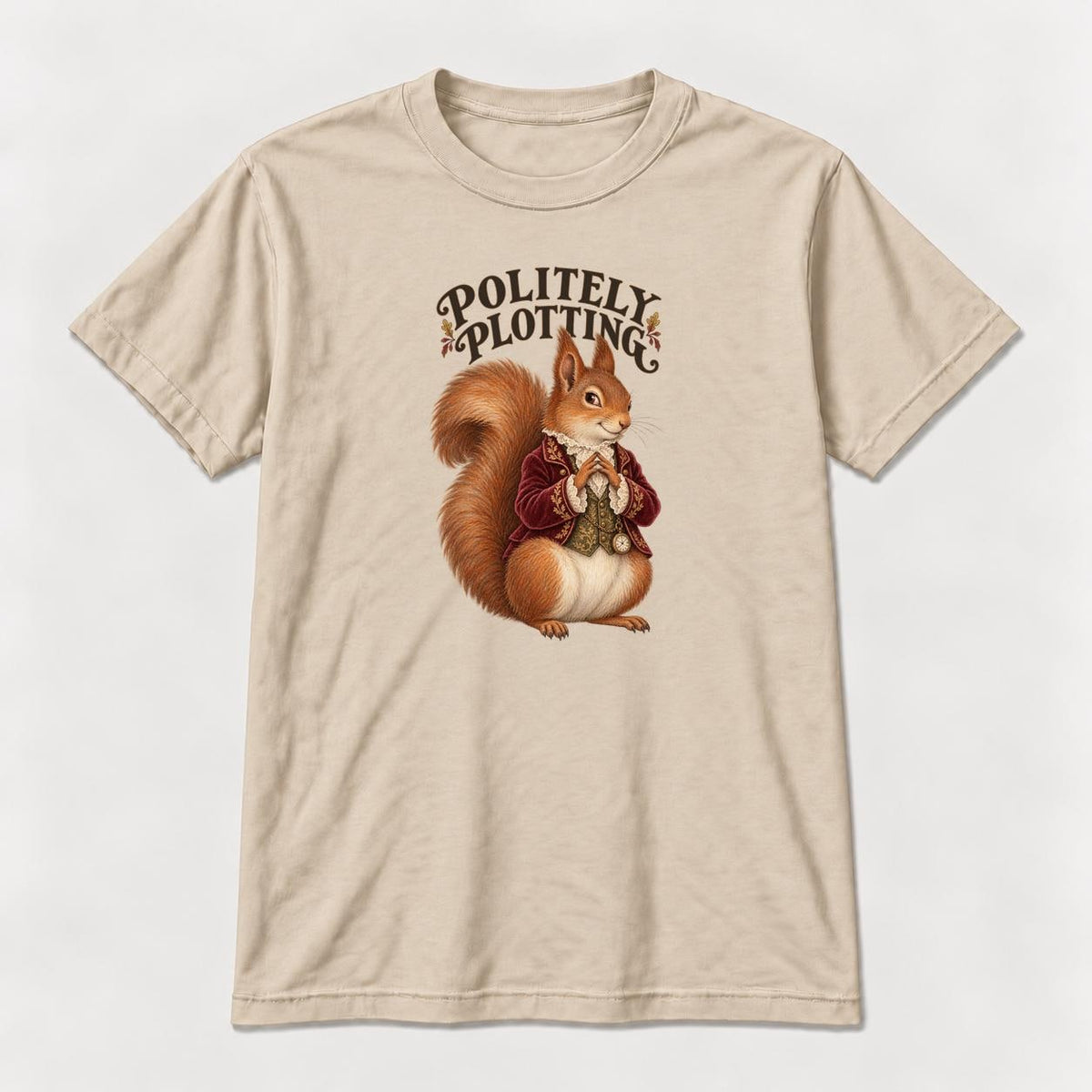 Politely Plotting Storybook Squirrel — garment mockup or size chart