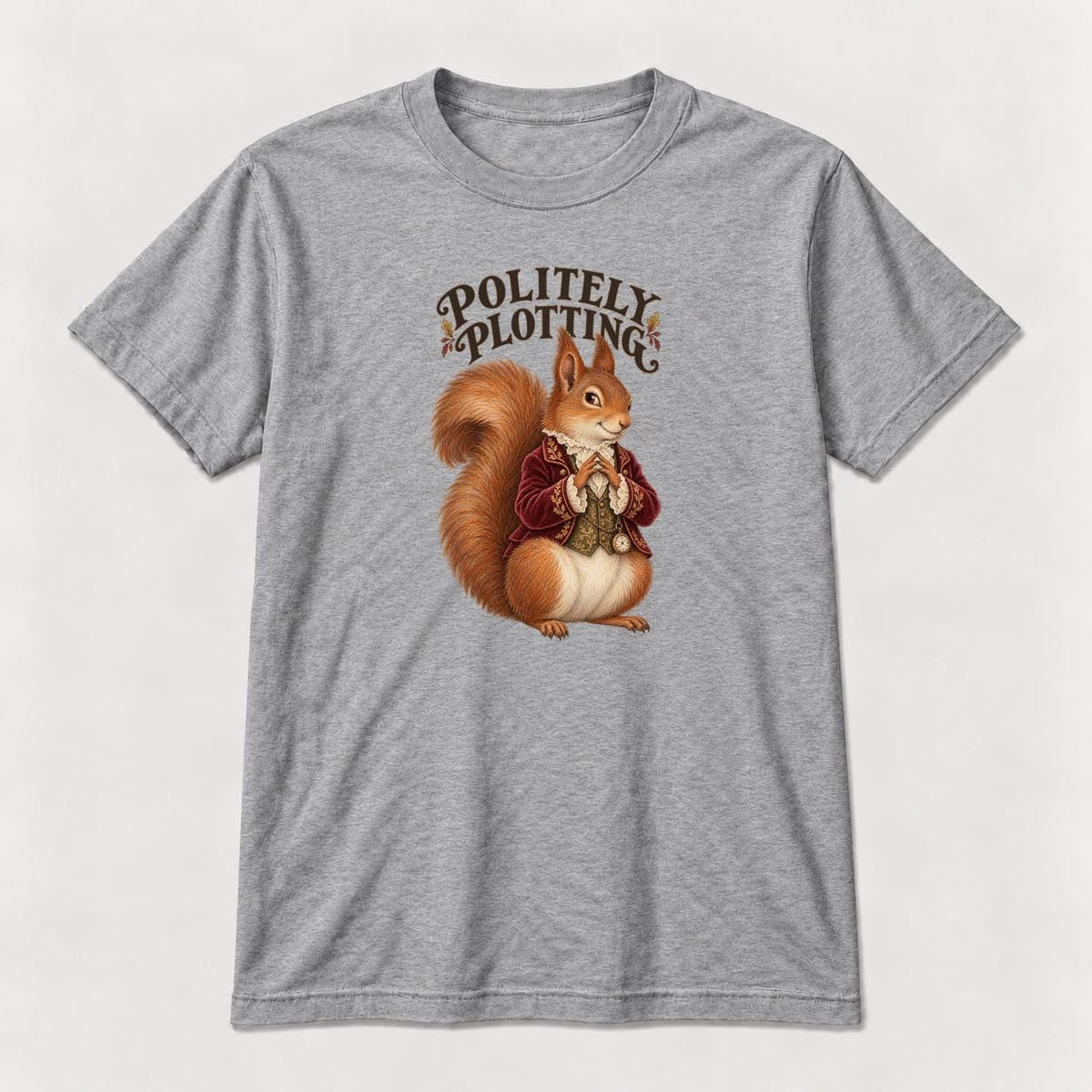 Politely Plotting Storybook Squirrel — garment mockup or size chart