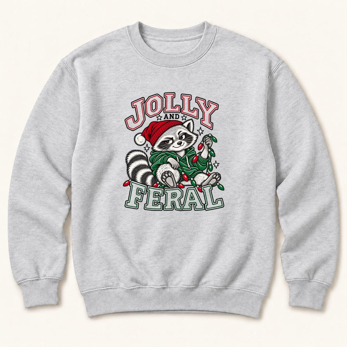 Jolly and Feral Outline Raccoon Christmas — garment mockup or size chart
