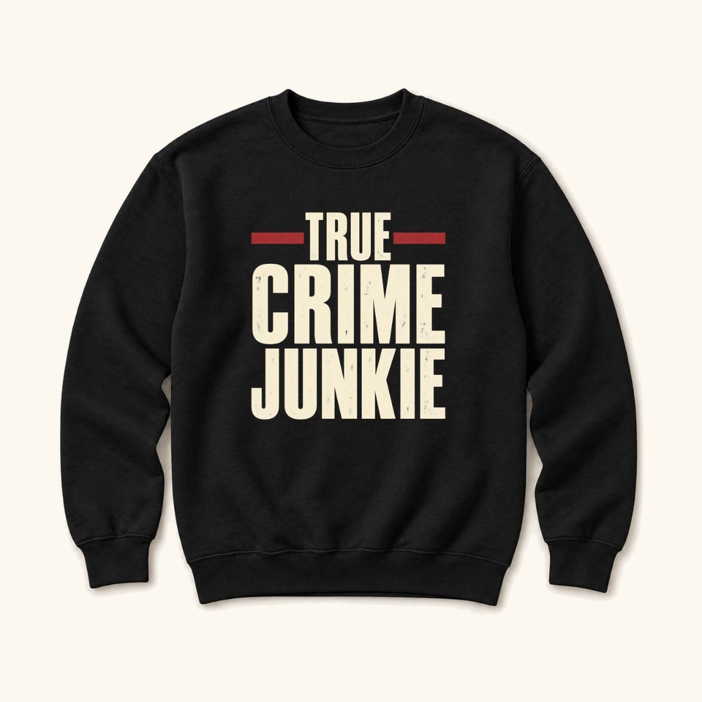 True Crime Junkie Vintage Lettering — garment mockup or size chart