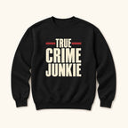 True Crime Junkie Vintage Lettering — garment mockup or size chart