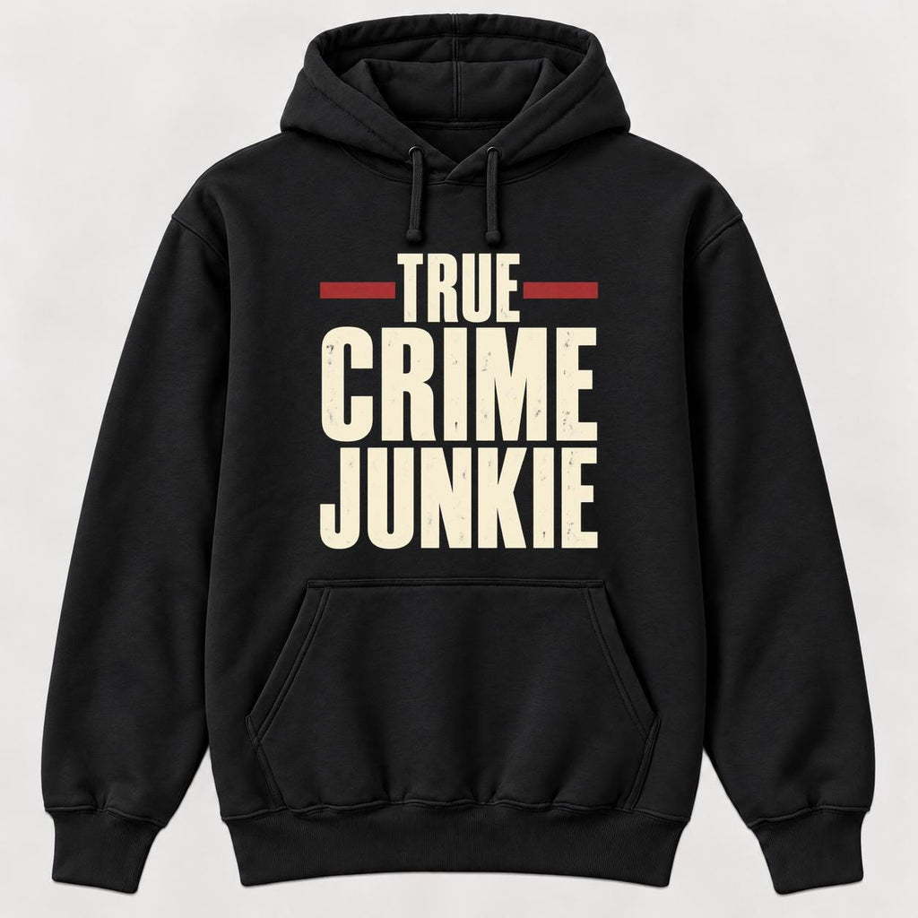 True Crime Junkie Vintage Lettering — garment mockup or size chart