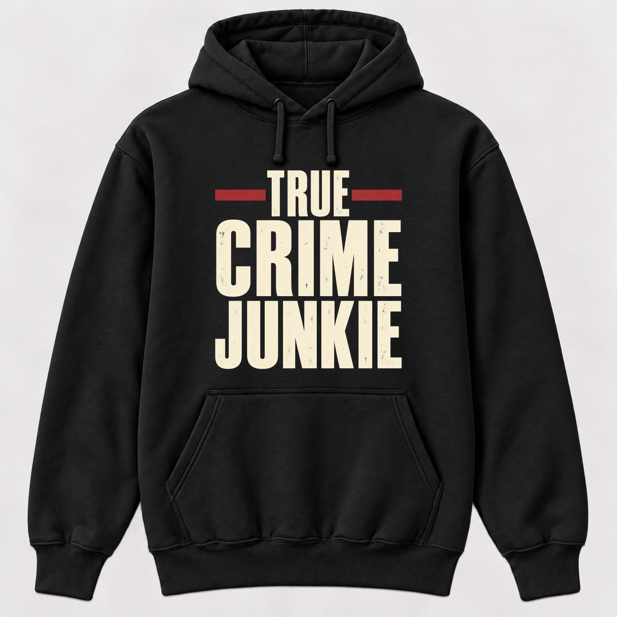 True Crime Junkie Vintage Lettering — garment mockup or size chart