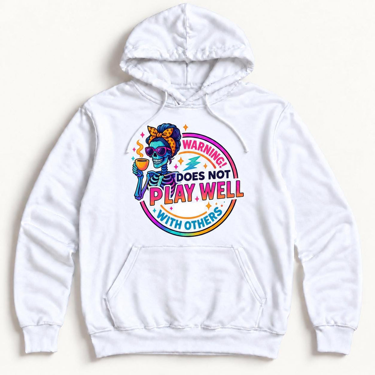 Warning Does Not Play Well With Others — garment mockup or size chart