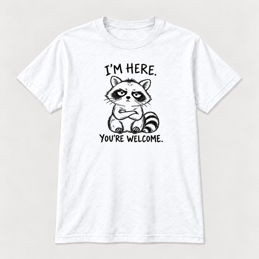 I'm Here You're Welcome Raccoon — garment mockup or size chart