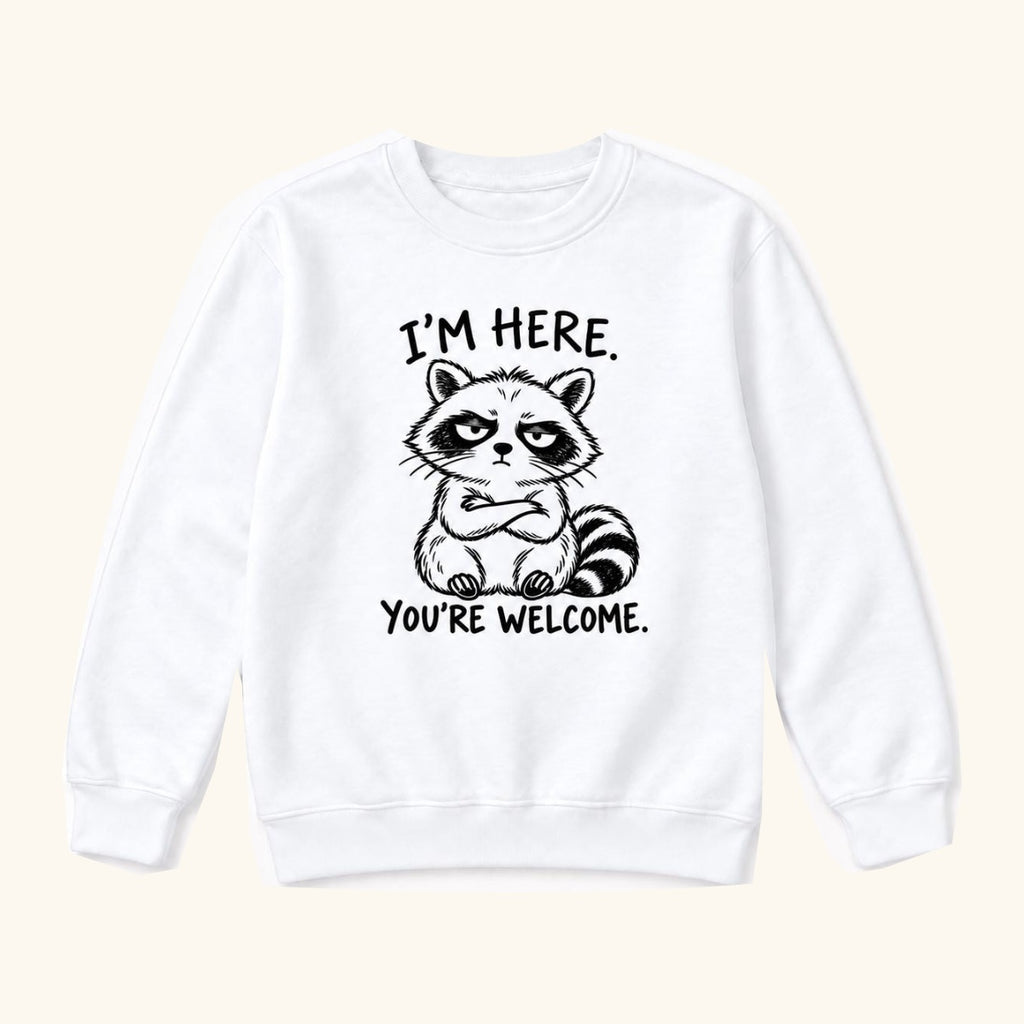 I'm Here You're Welcome Raccoon — garment mockup or size chart