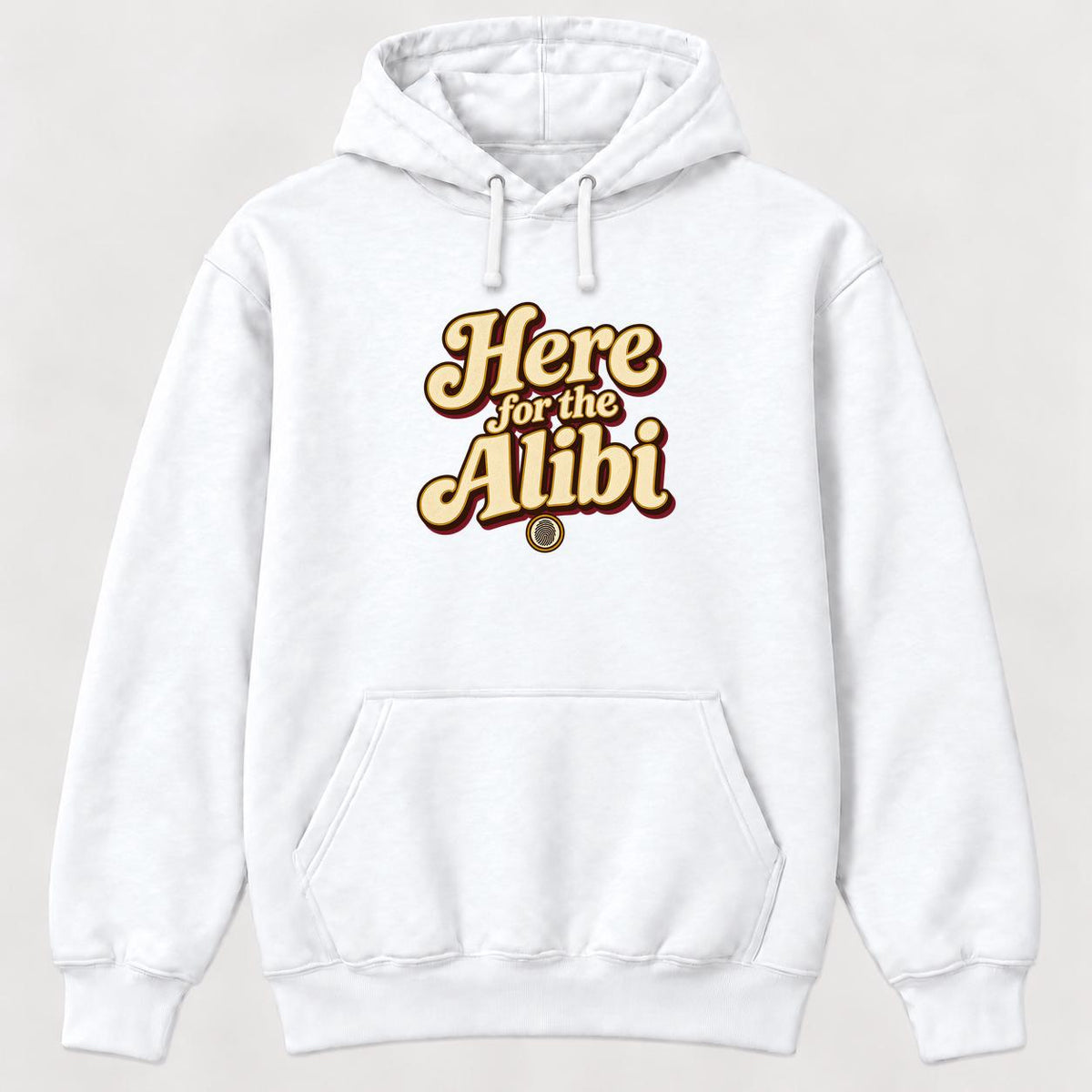 Here For The Alibi Retro — garment mockup or size chart