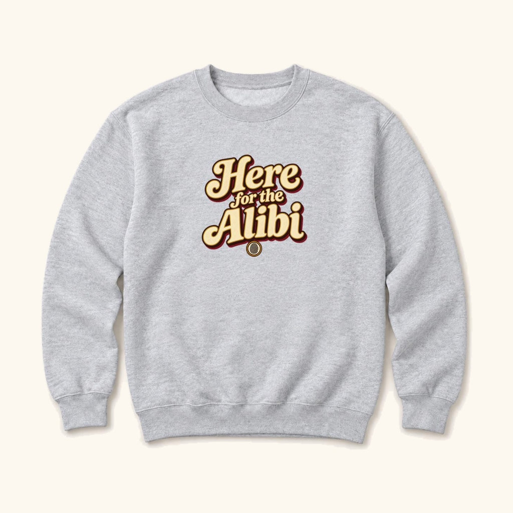 Here For The Alibi Retro — garment mockup or size chart