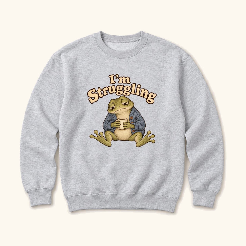 I'm Struggling Blue Cardigan Frog with Mug — garment mockup or size chart
