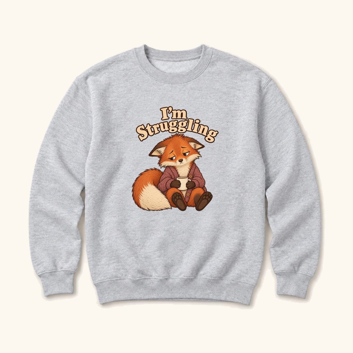 I'm Struggling Fox with Mug — garment mockup or size chart