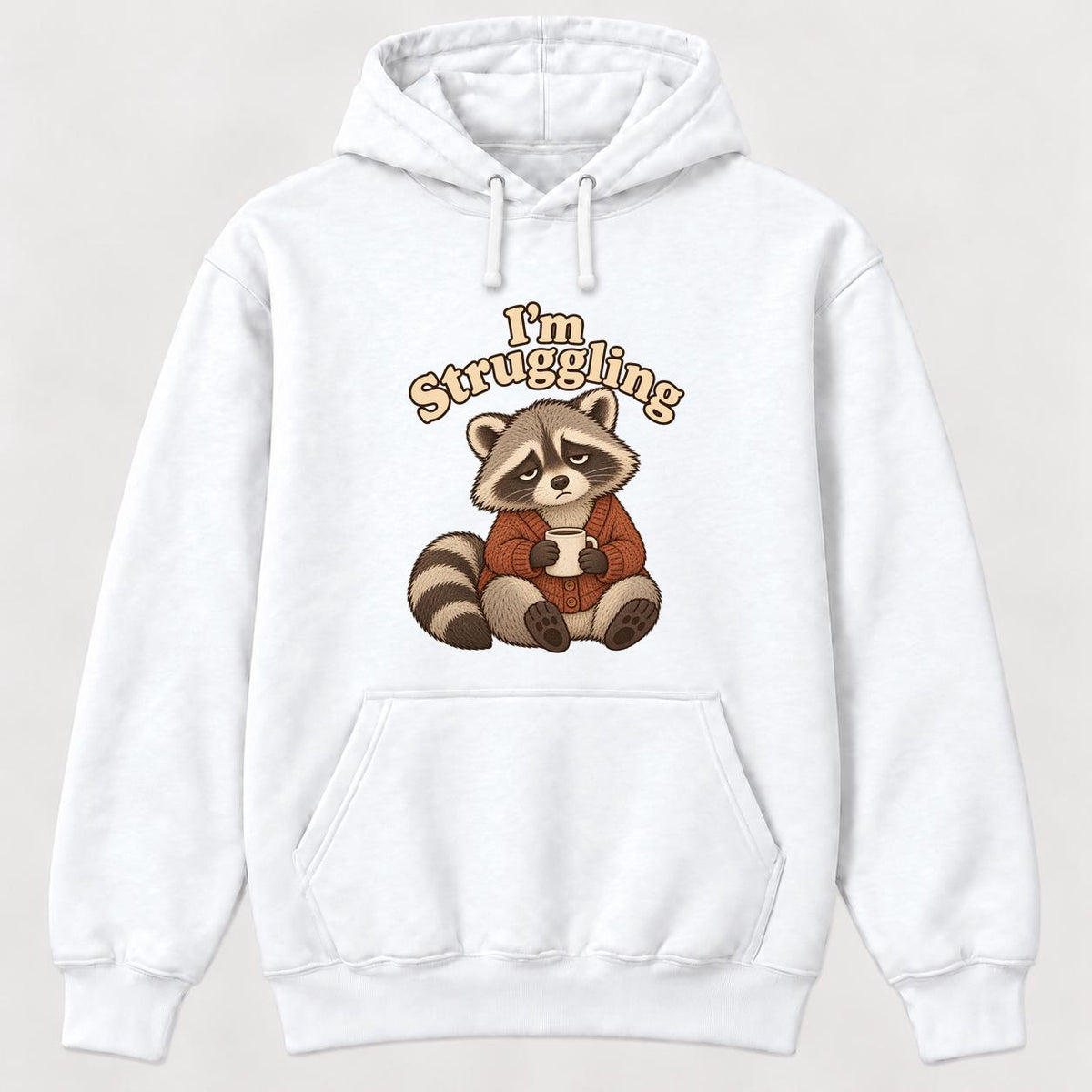 I'm Struggling Raccoon with Mug — garment mockup or size chart
