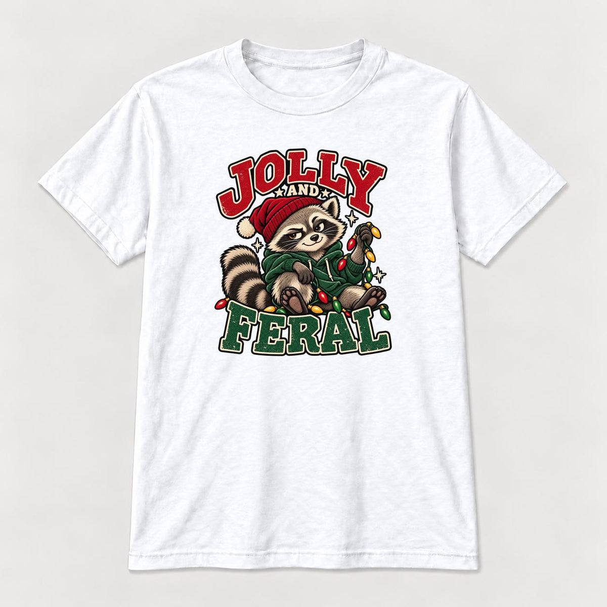 Jolly and Feral Raccoon Christmas Lights — garment mockup or size chart