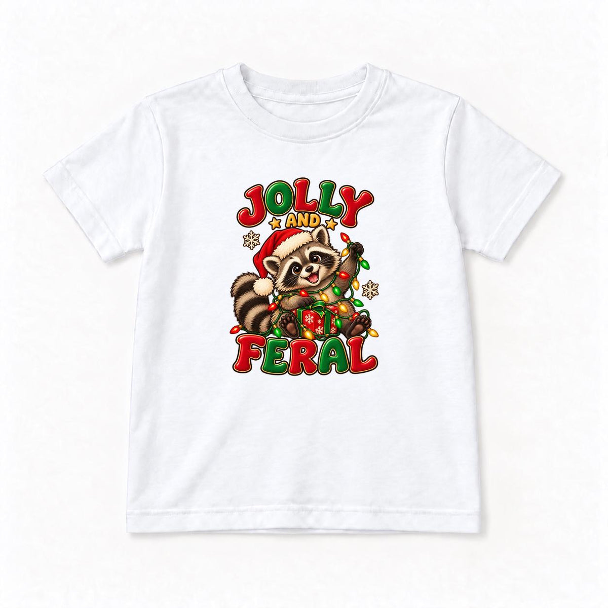 Jolly and Feral Santa Raccoon with Gift — garment mockup or size chart
