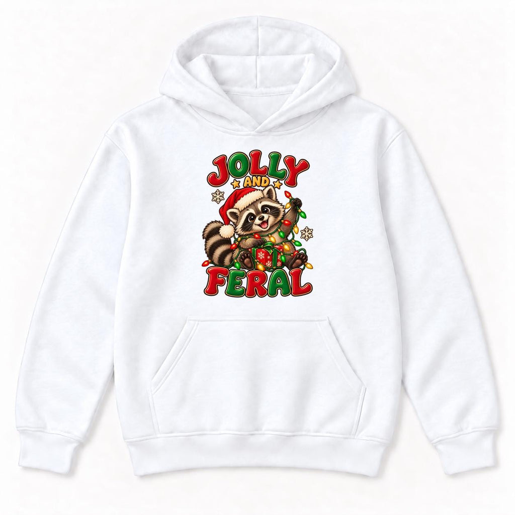 Jolly and Feral Santa Raccoon with Gift — garment mockup or size chart