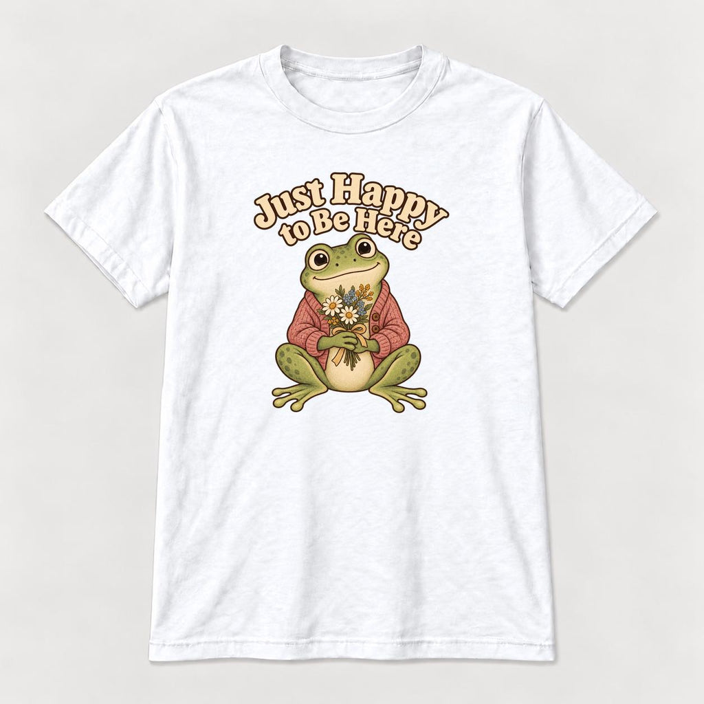 Just Happy to Be Here Frog with Flowers — garment mockup or size chart