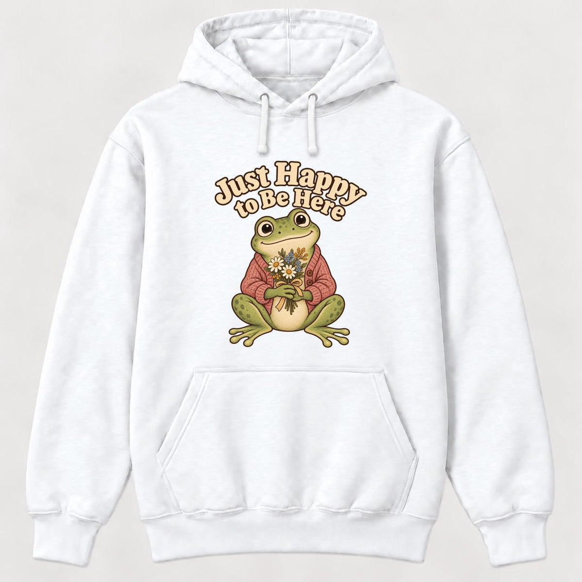 Just Happy to Be Here Frog with Flowers — garment mockup or size chart
