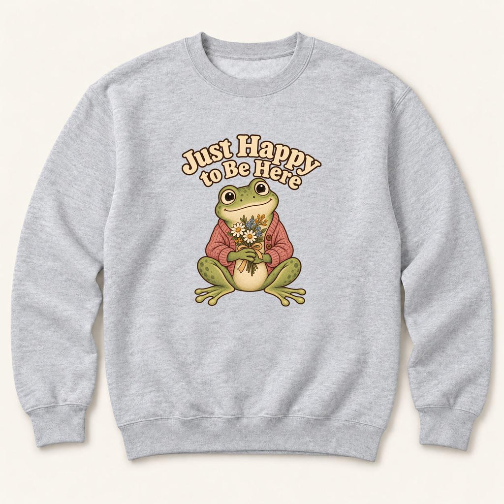 Just Happy to Be Here Frog with Flowers — garment mockup or size chart