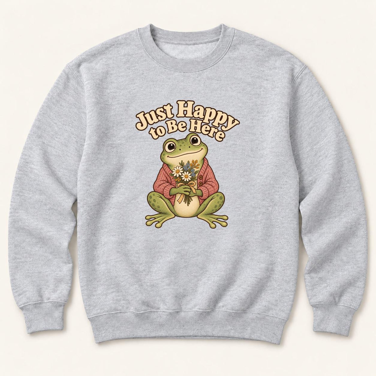 Just Happy to Be Here Frog with Flowers — garment mockup or size chart