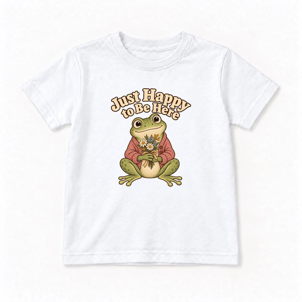 Just Happy to Be Here Frog with Flowers — garment mockup or size chart