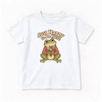 Just Happy to Be Here Frog with Flowers — garment mockup or size chart