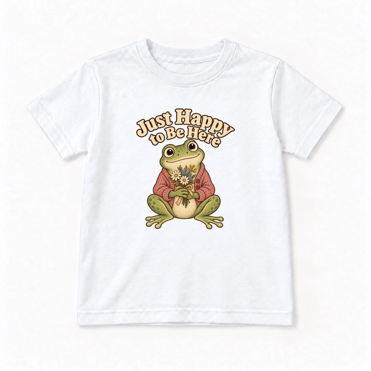 Just Happy to Be Here Frog with Flowers — garment mockup or size chart