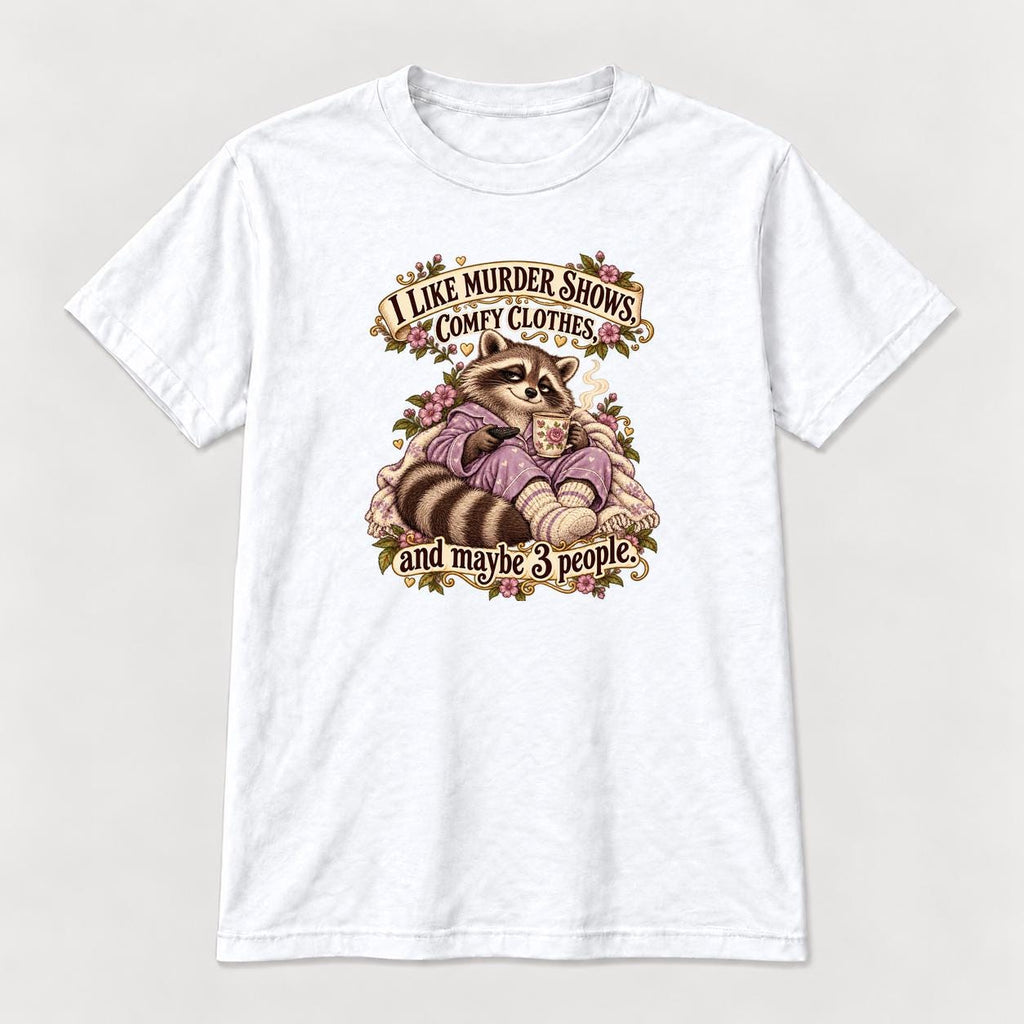 Murder Shows Comfy Clothes Lavender Pajama Raccoon — garment mockup or size chart