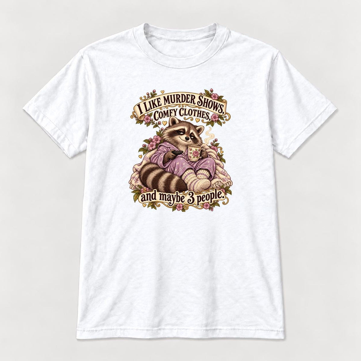 Murder Shows Comfy Clothes Lavender Pajama Raccoon — garment mockup or size chart