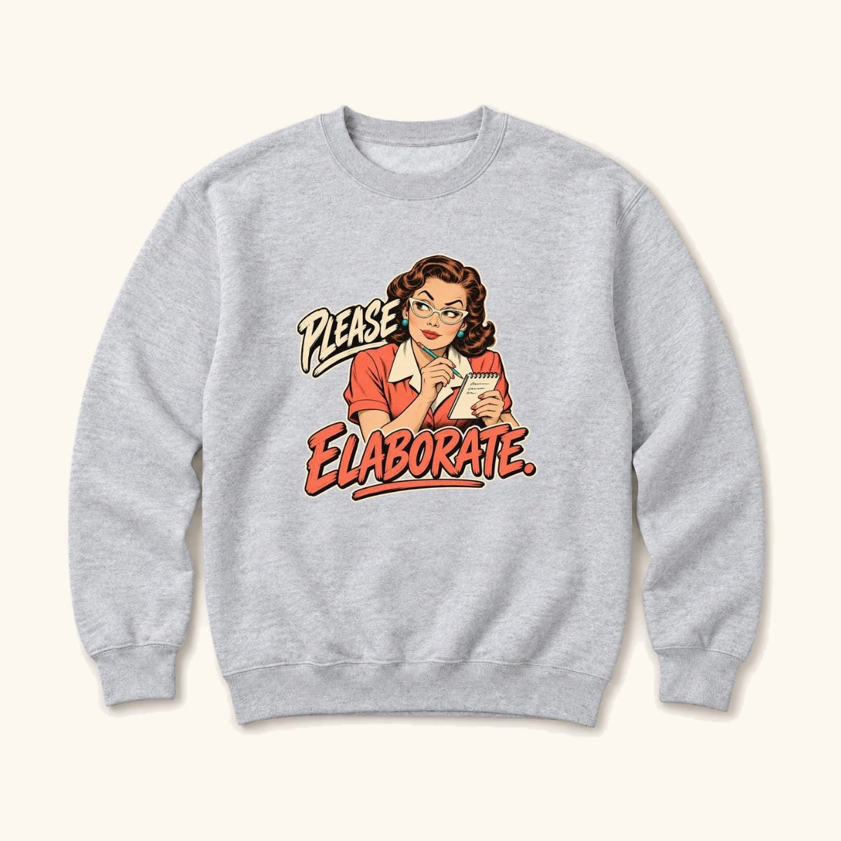 Please Elaborate Retro Comic Woman — garment mockup or size chart