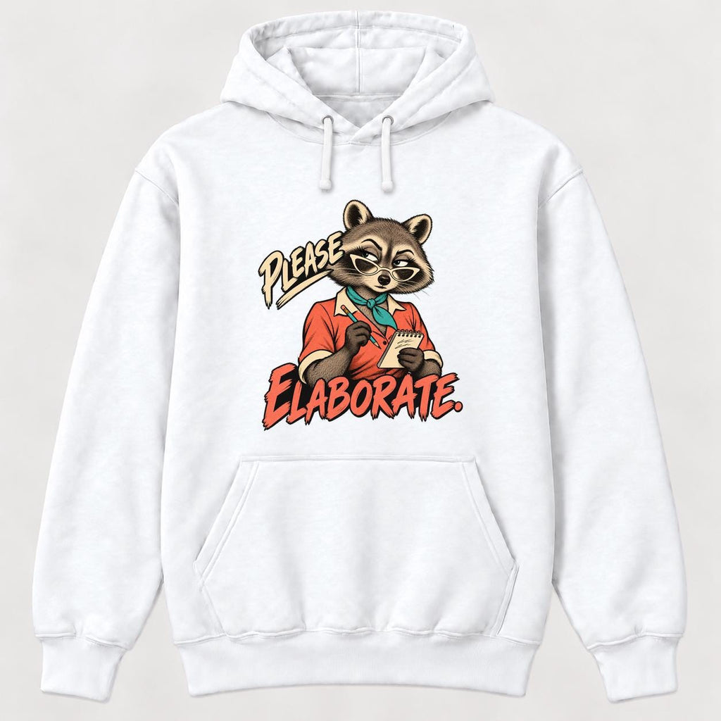Please Elaborate Retro Comic Raccoon — garment mockup or size chart