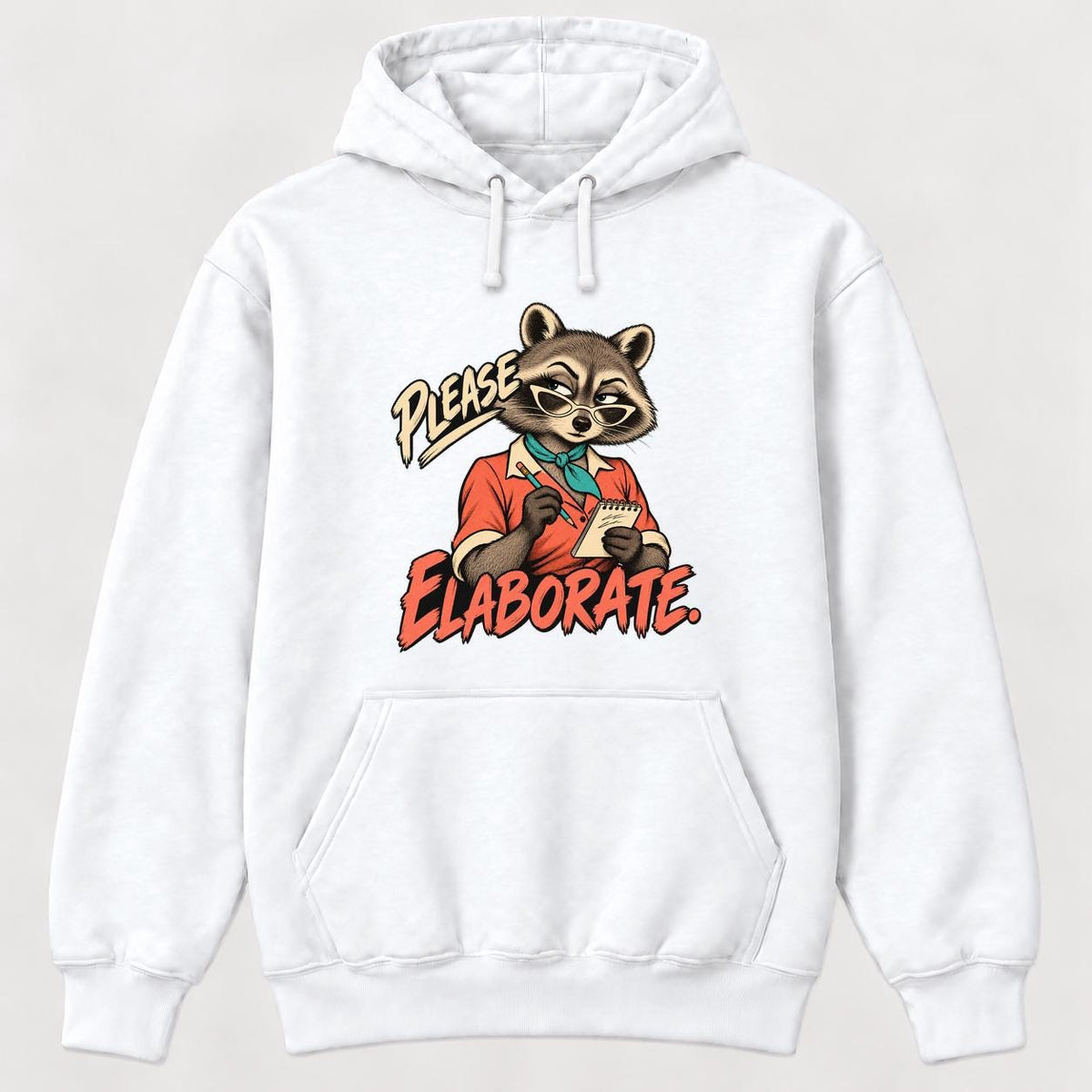 Please Elaborate Retro Comic Raccoon — garment mockup or size chart