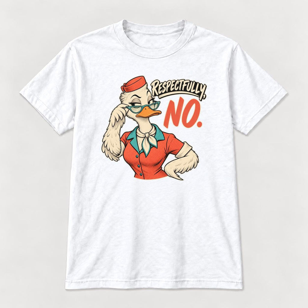 Respectfully No Retro Comic Duck — garment mockup or size chart