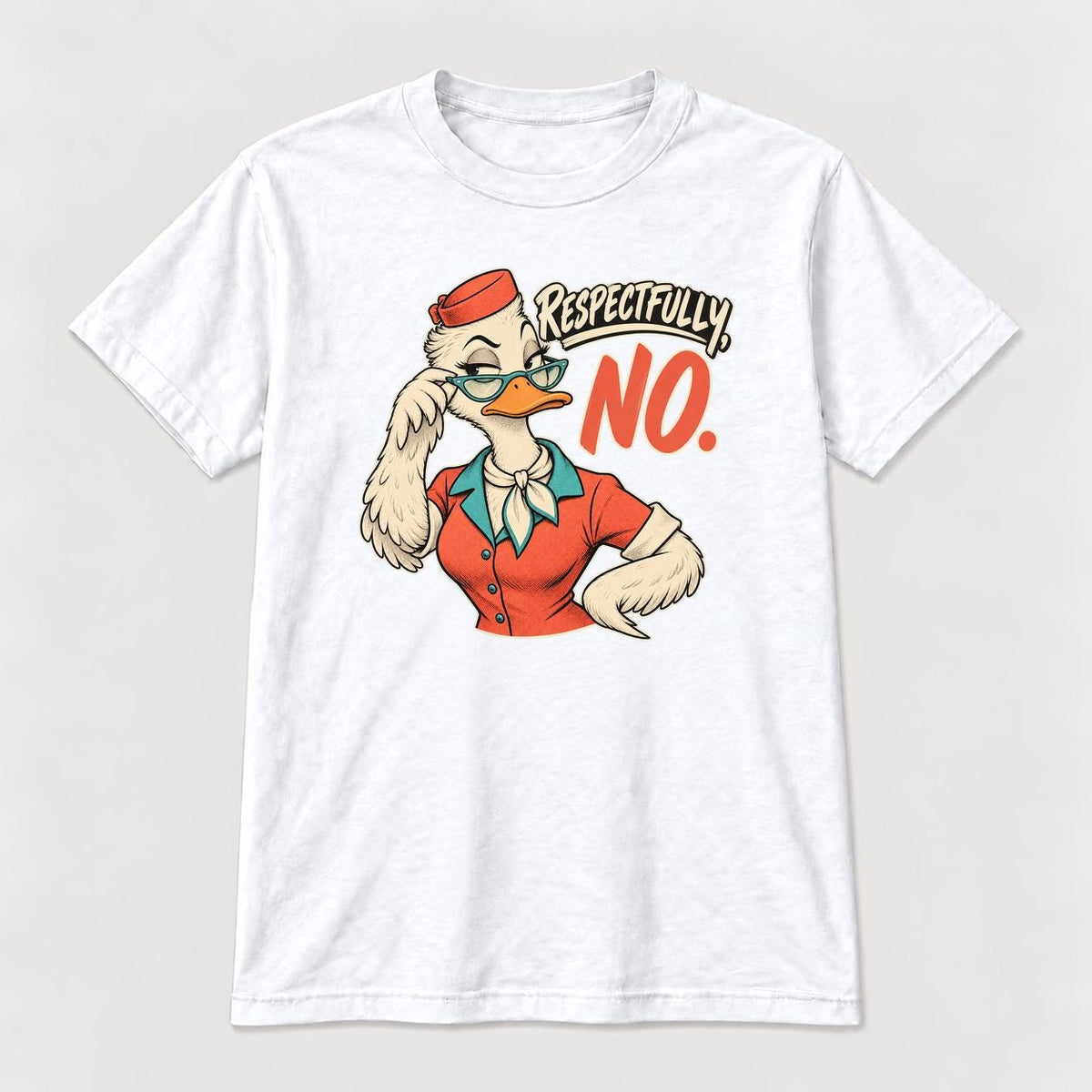 Respectfully No Retro Comic Duck — garment mockup or size chart